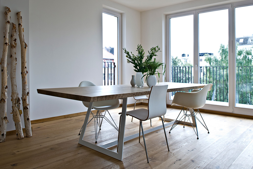Ispirazione per una grande sala da pranzo contemporanea con pareti bianche e pavimento in legno massello medio