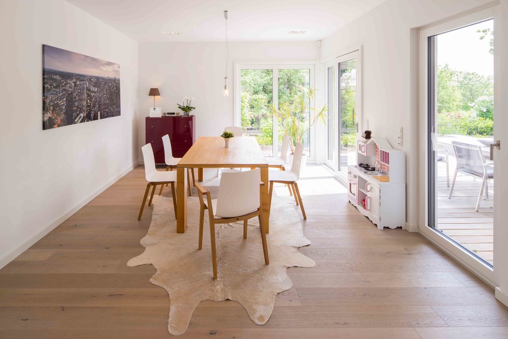 Geschlossenes, Mittelgroßes Skandinavisches Esszimmer mit weißer Wandfarbe, hellem Holzboden und braunem Boden in Sonstige