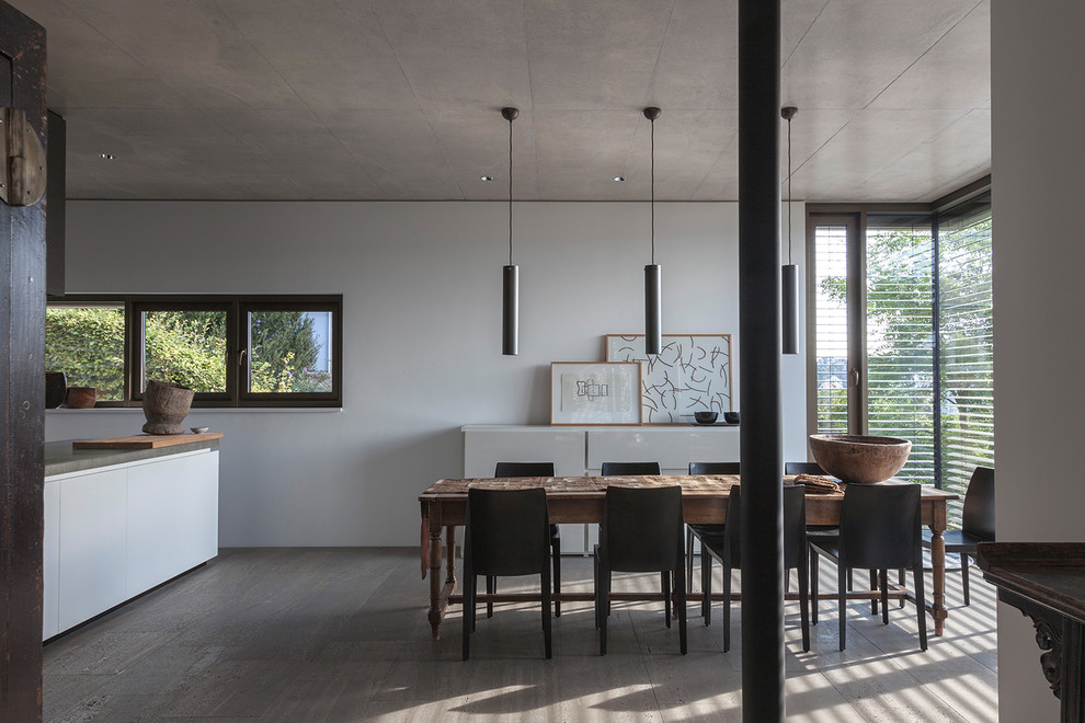 Свежая идея для дизайна: большая кухня-столовая в современном стиле с белыми стенами, бетонным полом и серым полом без камина - отличное фото интерьера