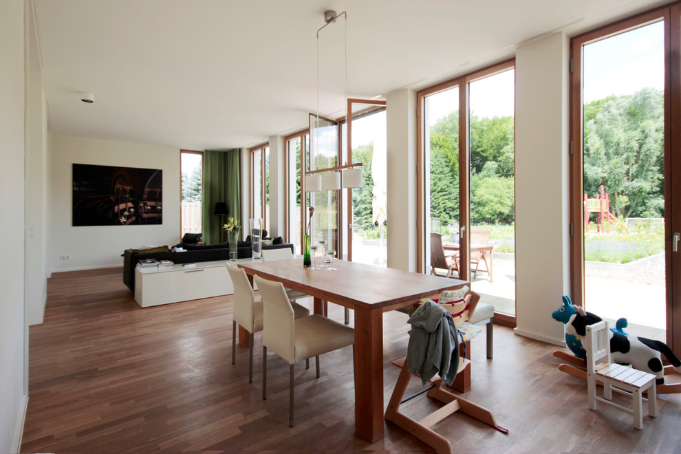 Inspiration for a contemporary enclosed dining room in Dortmund with dark hardwood flooring and feature lighting.