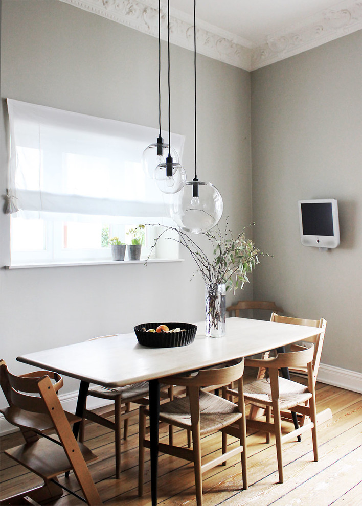 Medium sized scandinavian dining room in Hamburg with grey walls, medium hardwood flooring and brown floors.