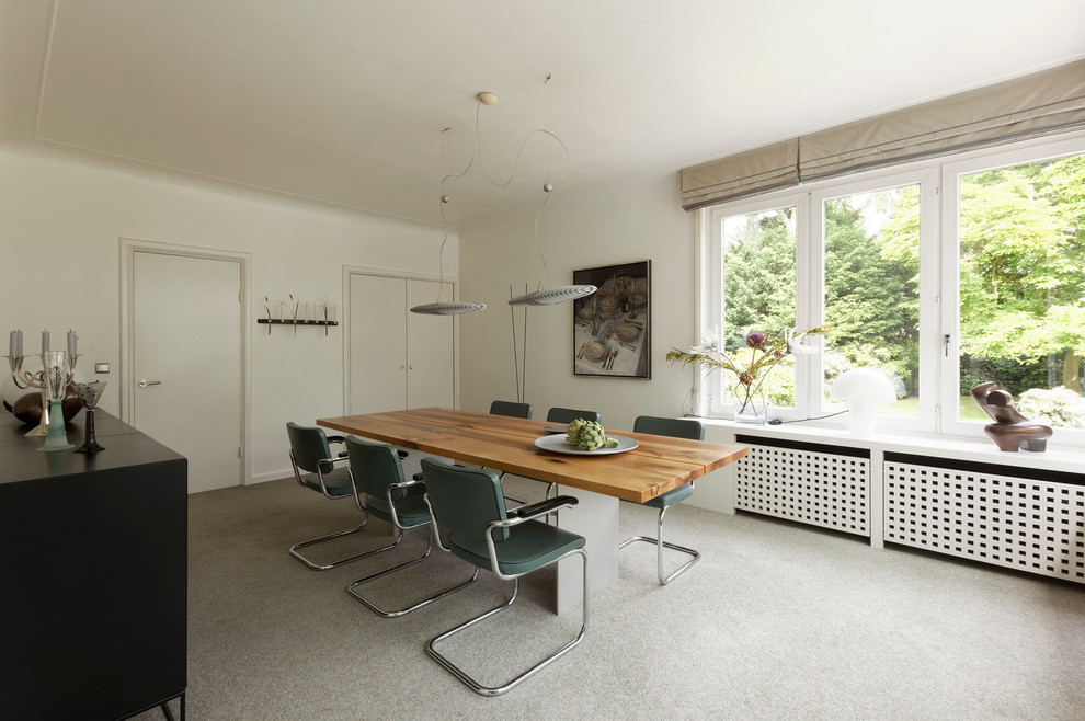 Großes, Geschlossenes Modernes Esszimmer ohne Kamin mit weißer Wandfarbe und Teppichboden in Hamburg
