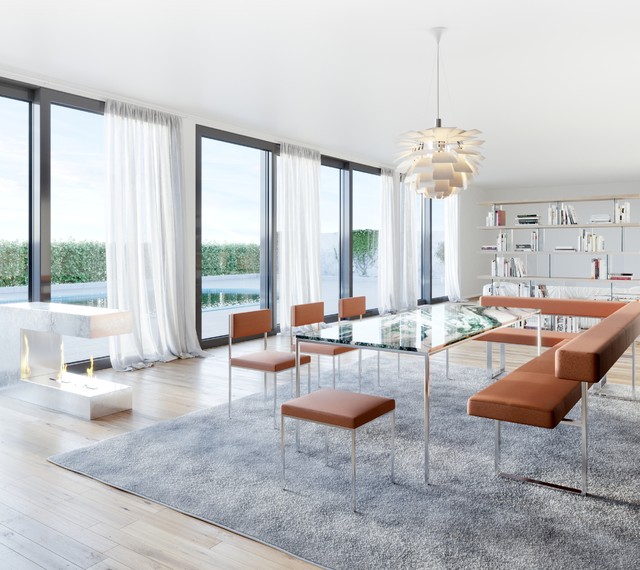 Esszimmer mit Esstisch Naturstein/Edelstahl - Sitzgruppe Leder - Modern