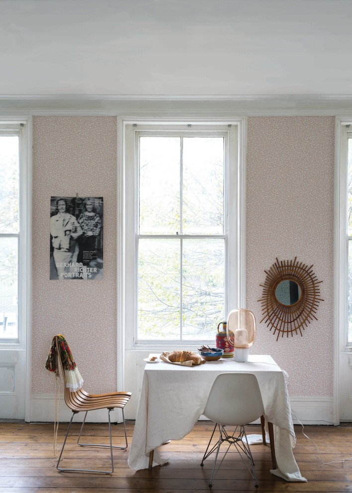 Foto på en liten eklektisk matplats, med rosa väggar och mellanmörkt trägolv