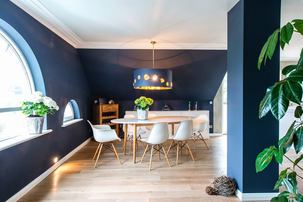 Foto de comedor contemporáneo con paredes azules y suelo de madera clara