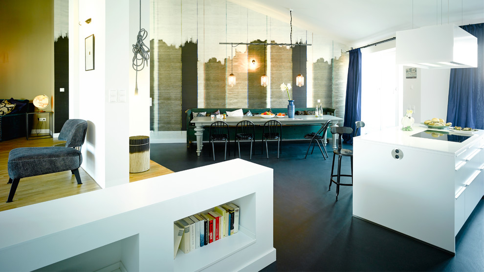Photo of a large contemporary open plan dining room in Berlin with beige walls.