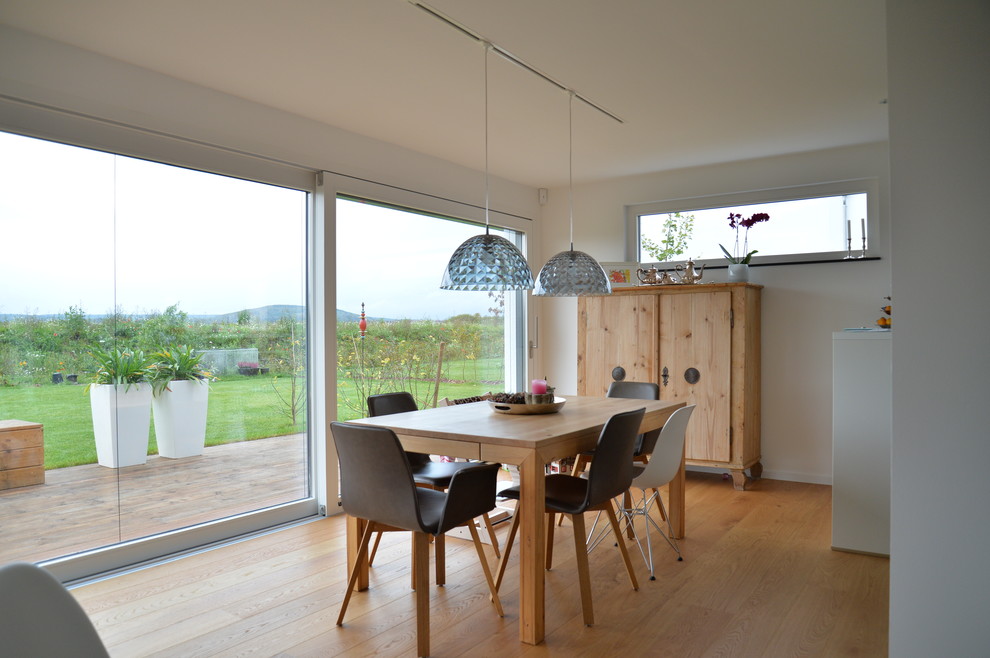 Photo of a medium sized contemporary open plan dining room in Frankfurt with white walls, light hardwood flooring, brown floors and no fireplace.