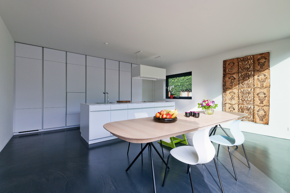 Photo of a large contemporary kitchen/dining room in Stuttgart with white walls.
