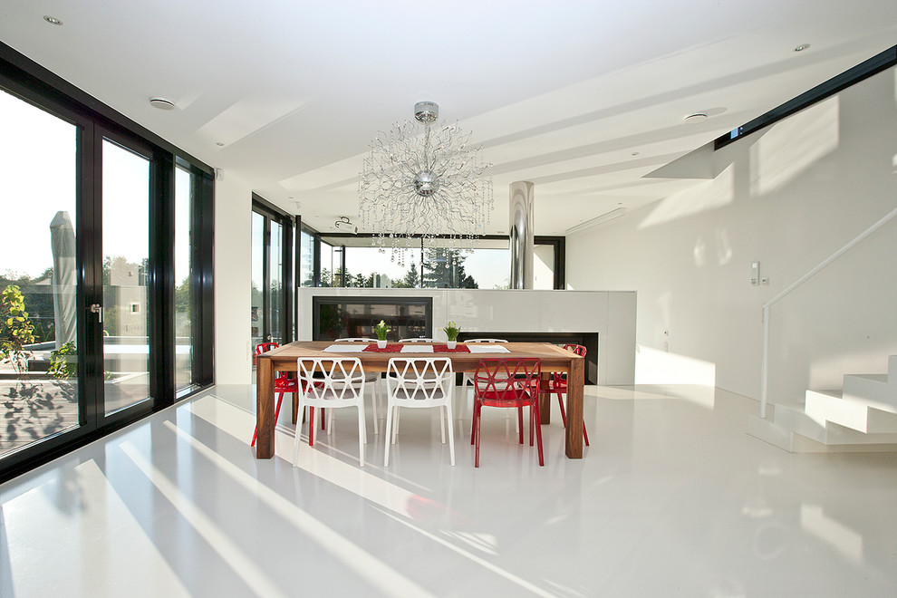 Esempio di una grande sala da pranzo aperta verso il soggiorno minimal con pareti bianche, camino bifacciale e pavimento in vinile