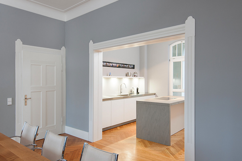 Inspiration for a timeless medium tone wood floor dining room remodel in Stuttgart with gray walls