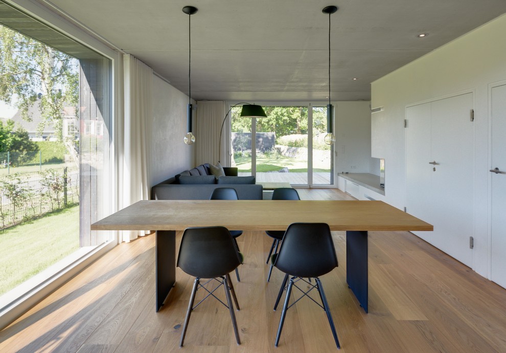 This is an example of a medium sized scandi open plan dining room in Other with white walls and light hardwood flooring.