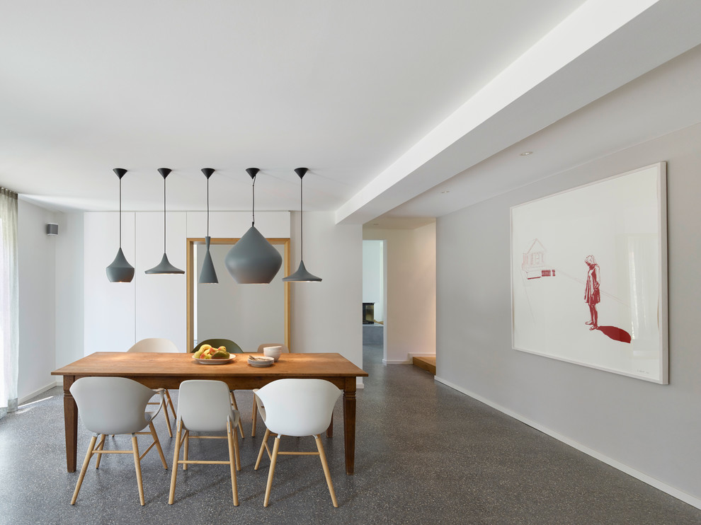 This is an example of a large contemporary open plan dining room in Stuttgart with grey walls and lino flooring.