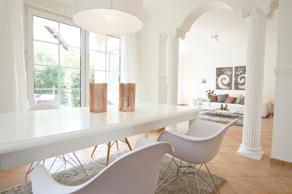 Идея дизайна: столовая в современном стиле с белыми стенами и полом из терракотовой плитки