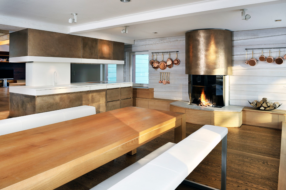 Geräumige Moderne Wohnküche mit weißer Wandfarbe, dunklem Holzboden, Kamin und Kaminumrandung aus Metall in Sonstige
