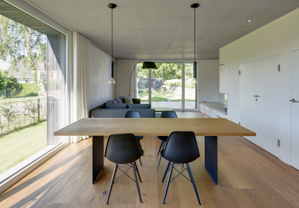 Large contemporary open plan dining room in Berlin with white walls and medium hardwood flooring.