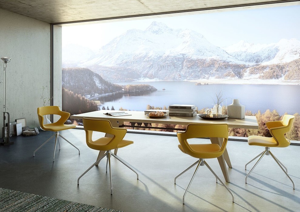Réalisation d'une très grande salle à manger ouverte sur le salon design avec un mur beige.