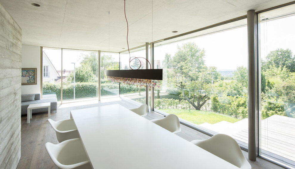 Offenes Modernes Esszimmer mit grauer Wandfarbe und braunem Holzboden in Stuttgart
