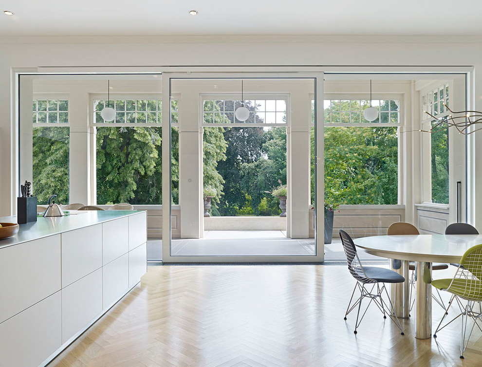 Kitchen/dining room combo - mid-sized contemporary light wood floor kitchen/dining room combo idea in Leipzig with white walls and no fireplace