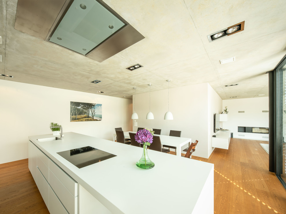 Modelo de comedor de cocina minimalista extra grande con paredes blancas, suelo de madera en tonos medios, marco de chimenea de yeso y suelo marrón