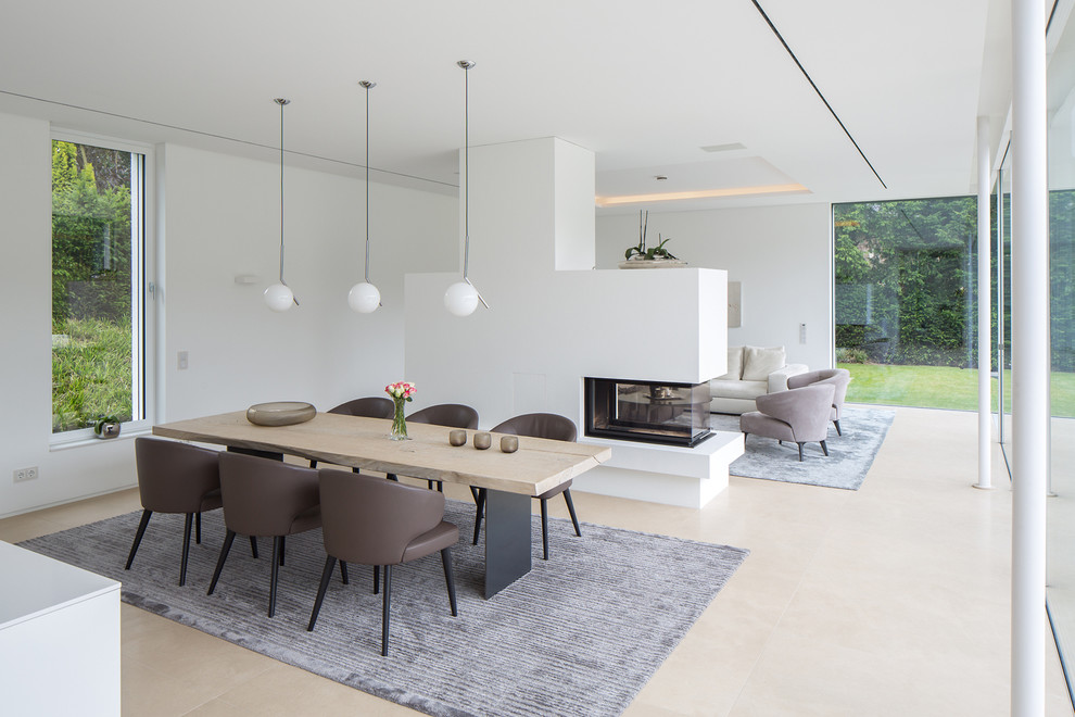 Ispirazione per una sala da pranzo aperta verso il soggiorno minimal di medie dimensioni con pareti bianche e camino bifacciale