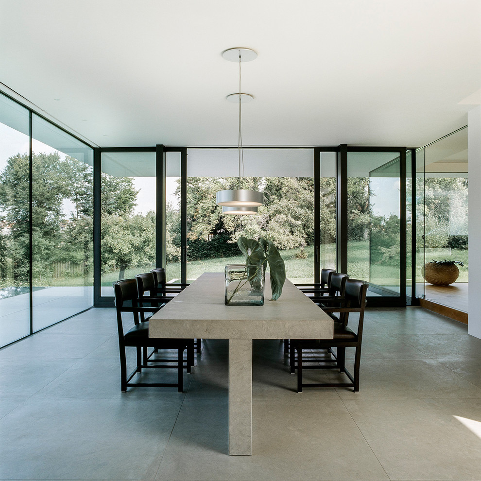Пример оригинального дизайна: огромная отдельная столовая в стиле модернизм с белыми стенами, бетонным полом и серым полом без камина