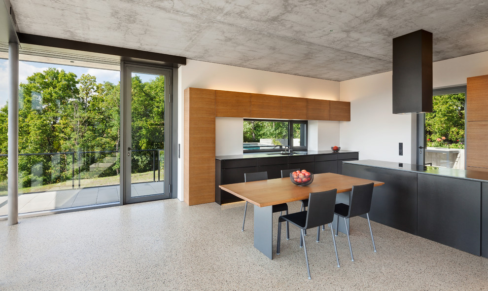 Идея дизайна: кухня-столовая среднего размера в стиле модернизм с белыми стенами и разноцветным полом