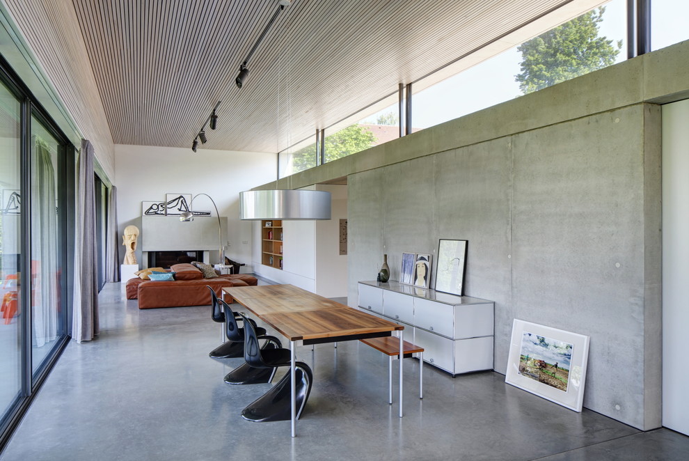 На фото: гостиная-столовая в современном стиле с серыми стенами и бетонным полом