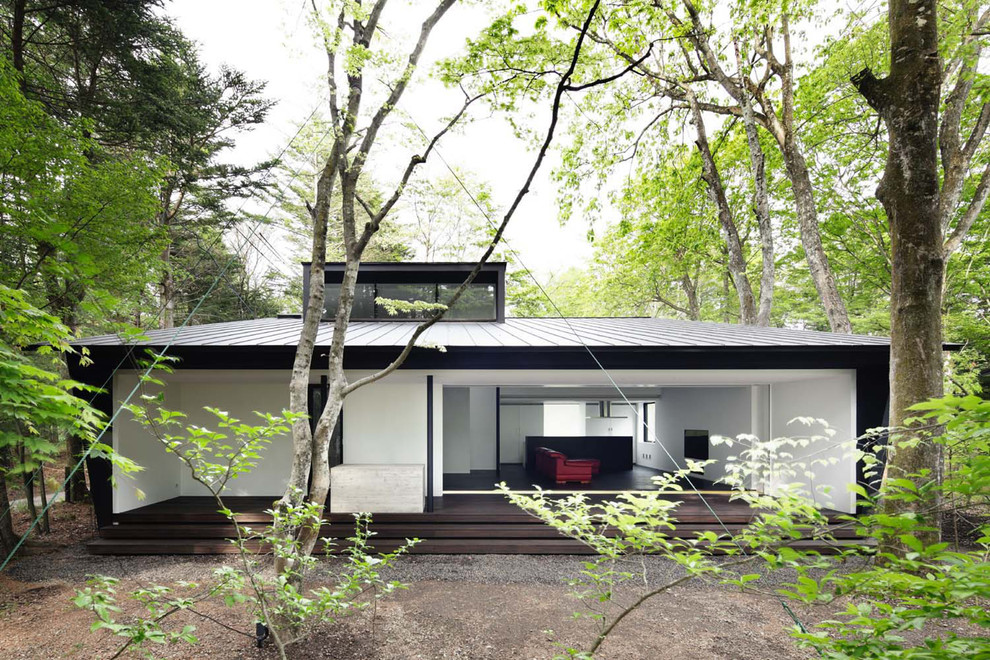 Imagen de fachada de casa negra moderna de una planta con tejado a dos aguas y tejado de metal
