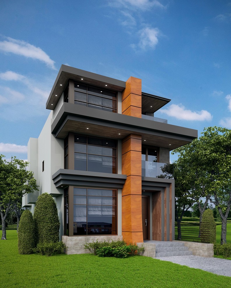 Inspiration for a medium sized modern house exterior in Calgary with three floors and wood cladding.