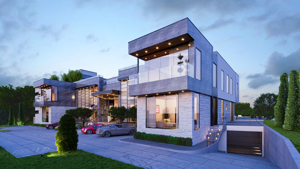 Cette image montre une très grande façade de maison grise minimaliste en pierre à deux étages et plus avec un toit plat, un toit végétal et un toit gris.