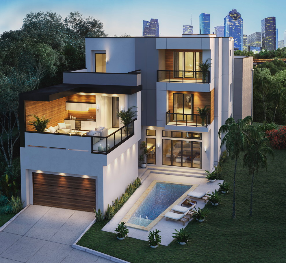 Design ideas for a large and white modern detached house in Houston with three floors, mixed cladding, a flat roof and a metal roof.