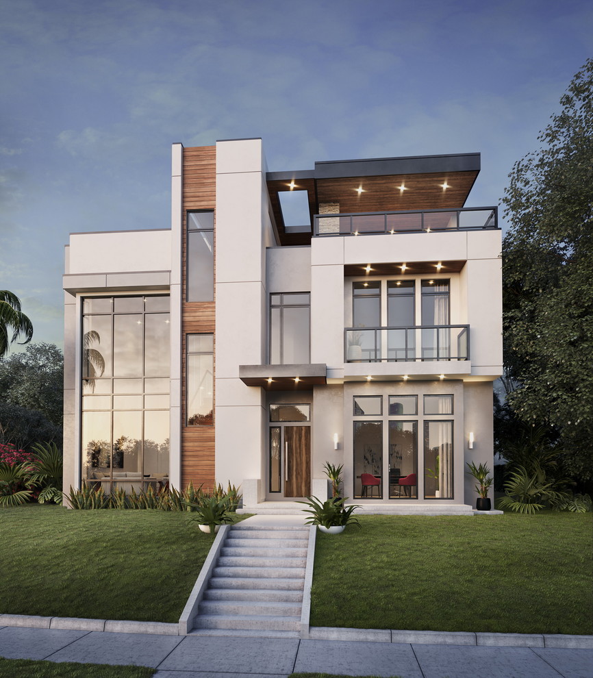 Großes, Dreistöckiges Modernes Einfamilienhaus mit Mix-Fassade, weißer Fassadenfarbe, Flachdach und Blechdach in Houston
