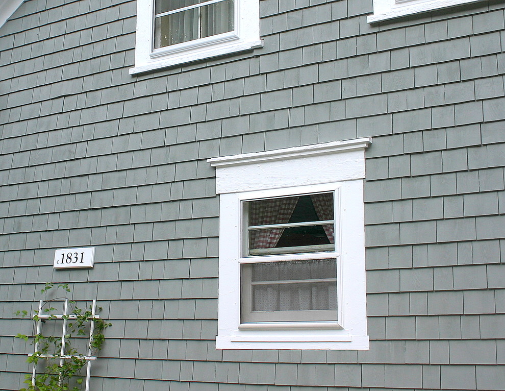 Cette photo montre une façade de maison grise nature à un étage avec un toit en métal.