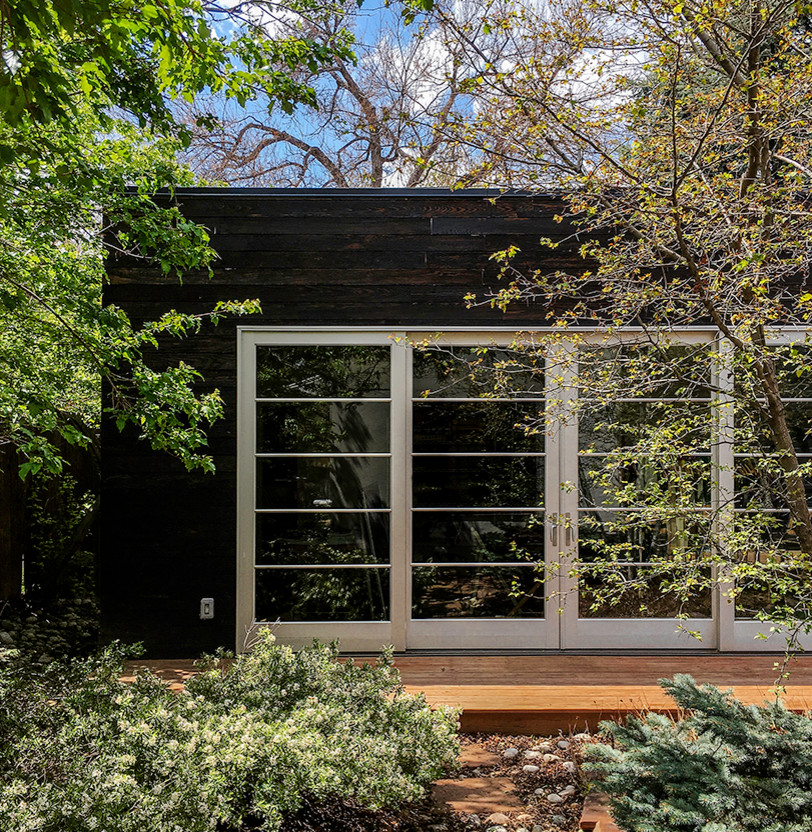 Kleine, Einstöckige Moderne Holzfassade Haus mit schwarzer Fassadenfarbe und Pultdach in Denver