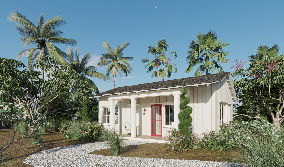 Design ideas for a small and white coastal bungalow tiny house in San Diego with concrete fibreboard cladding, a pitched roof, a shingle roof, a black roof and board and batten cladding.