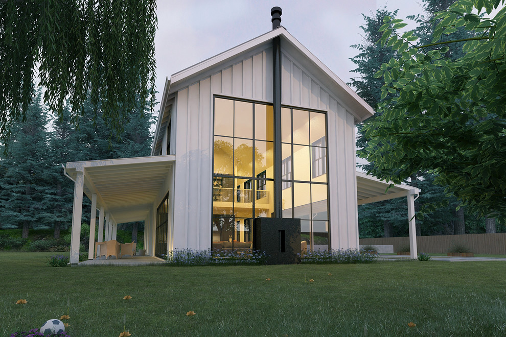 Стильный дизайн: двухэтажный, деревянный, белый дом среднего размера в стиле кантри - последний тренд