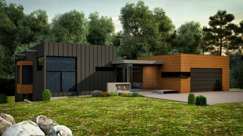 Inspiration pour une grande façade de maison noire minimaliste en brique de plain-pied avec un toit plat.