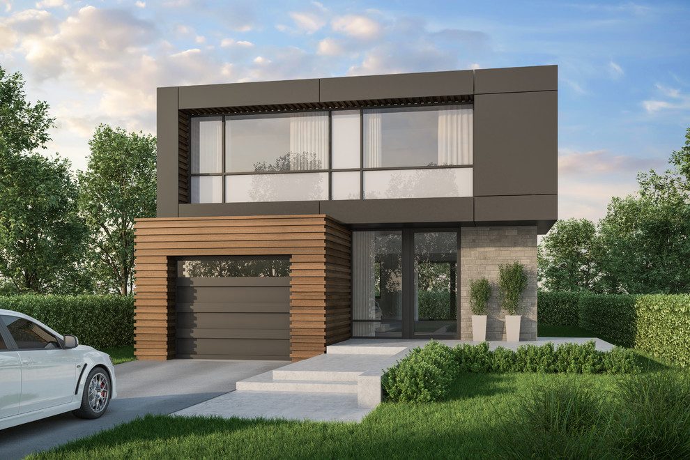 Imagen de fachada de casa negra minimalista pequeña de dos plantas con revestimiento de ladrillo y tejado plano
