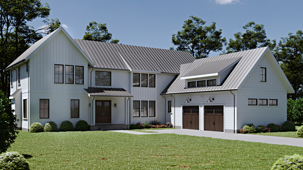 Foto della villa bianca country a due piani con rivestimento con lastre in cemento, copertura in metallo o lamiera e pannelli e listelle di legno