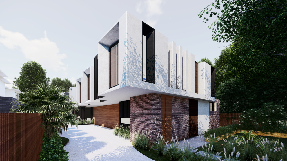 Idee per la facciata di una casa a schiera rossa moderna a due piani di medie dimensioni con rivestimento in mattoni, tetto piano e copertura in metallo o lamiera