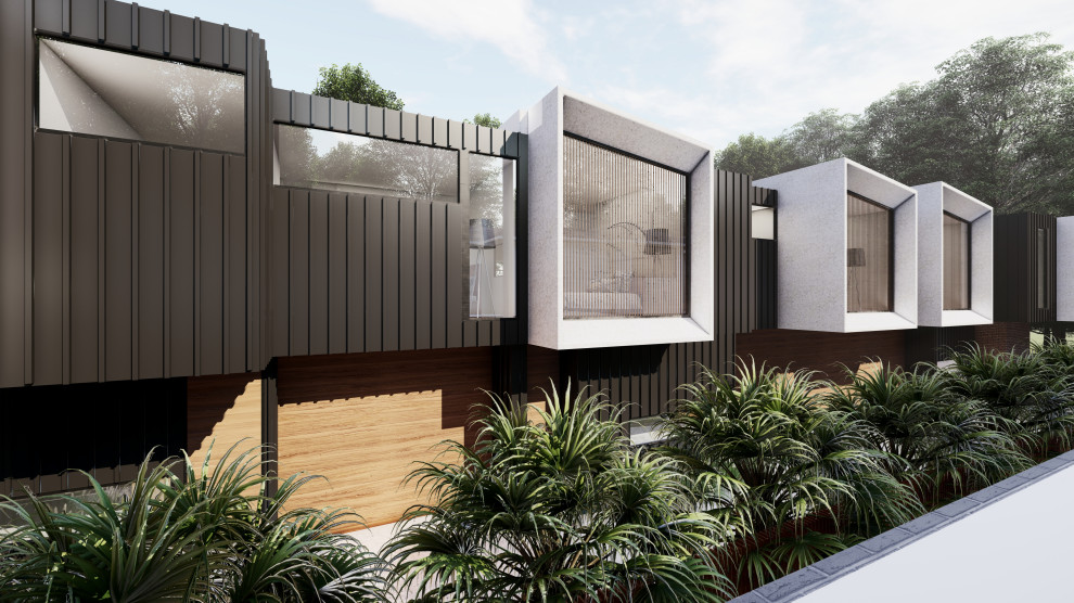 Medium sized and red modern two floor brick terraced house in Melbourne with a flat roof and a metal roof.