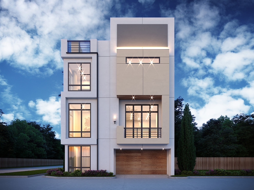 Пример оригинального дизайна: большой, трехэтажный, разноцветный таунхаус в стиле модернизм с облицовкой из цементной штукатурки и плоской крышей