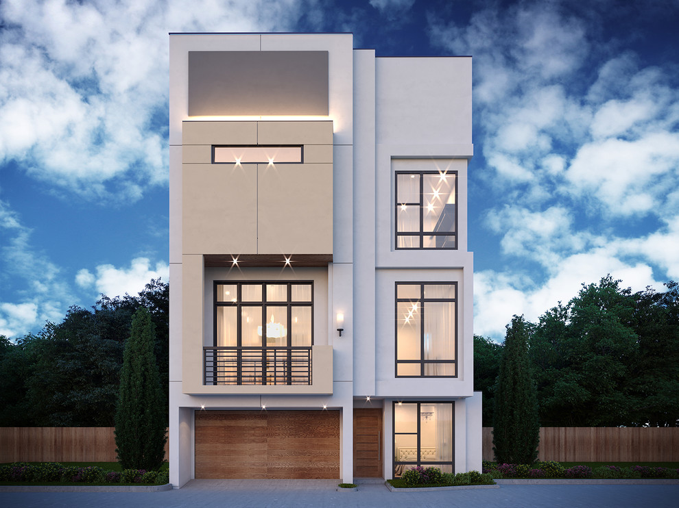Diseño de fachada de casa pareada multicolor minimalista grande de tres plantas con revestimiento de estuco y tejado plano