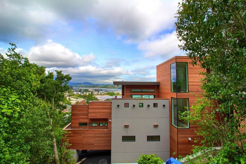 Imagen de fachada de casa marrón minimalista de tamaño medio de tres plantas con revestimiento de madera y tejado plano