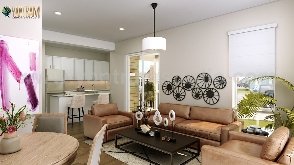 Large modern formal enclosed living room in New York with white walls, medium hardwood flooring, no fireplace, a brick fireplace surround, no tv, brown floors and panelled walls.