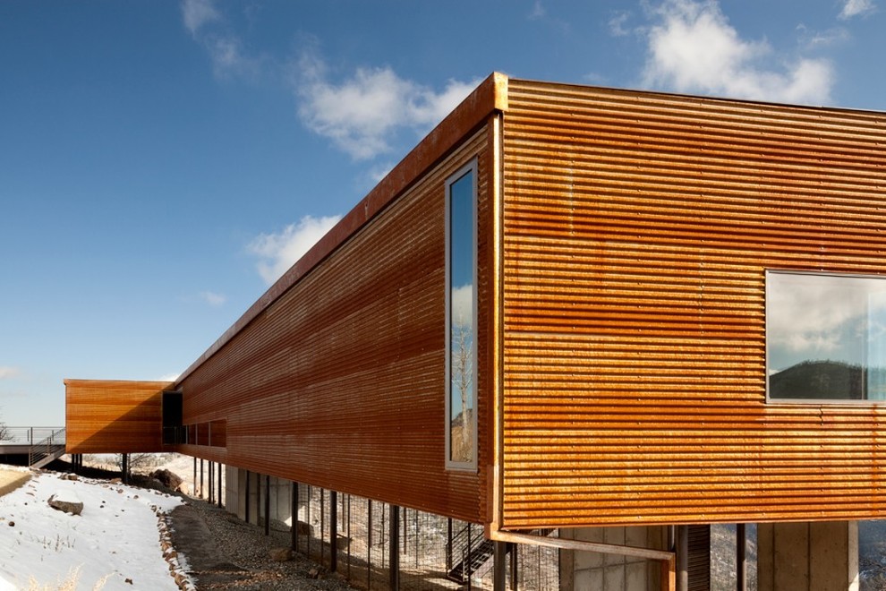 Photo of an industrial house exterior in Denver with wood cladding and a flat roof.