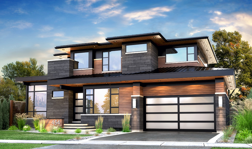 Medium sized and brown contemporary two floor detached house in Toronto with a mixed material roof.