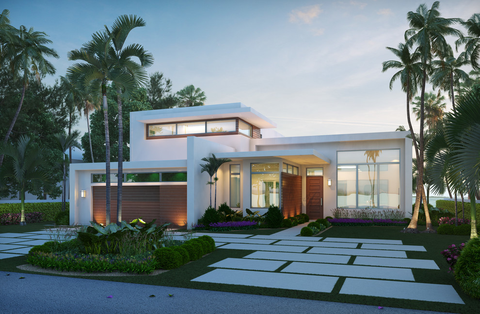 Großes, Zweistöckiges Modernes Einfamilienhaus mit Putzfassade, weißer Fassadenfarbe und Flachdach in Miami