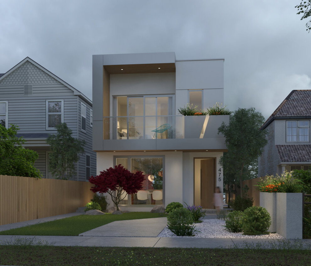 Kleines, Dreistöckiges Modernes Einfamilienhaus mit Mix-Fassade, weißer Fassadenfarbe, Flachdach und Ziegeldach in Vancouver