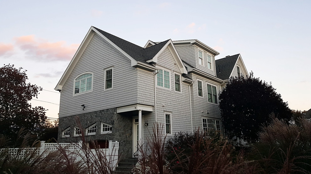 5" HardieShingle Cedarmill Cobblestone, Arctic White Trim Exterior